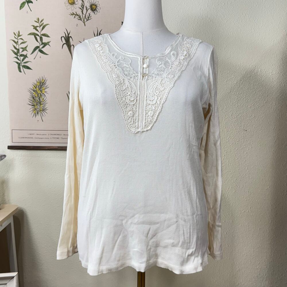 Y2k Cream Lace Trim Henley Top Coastal Cowgirl Coquette Fairy Grunge Dolly M L